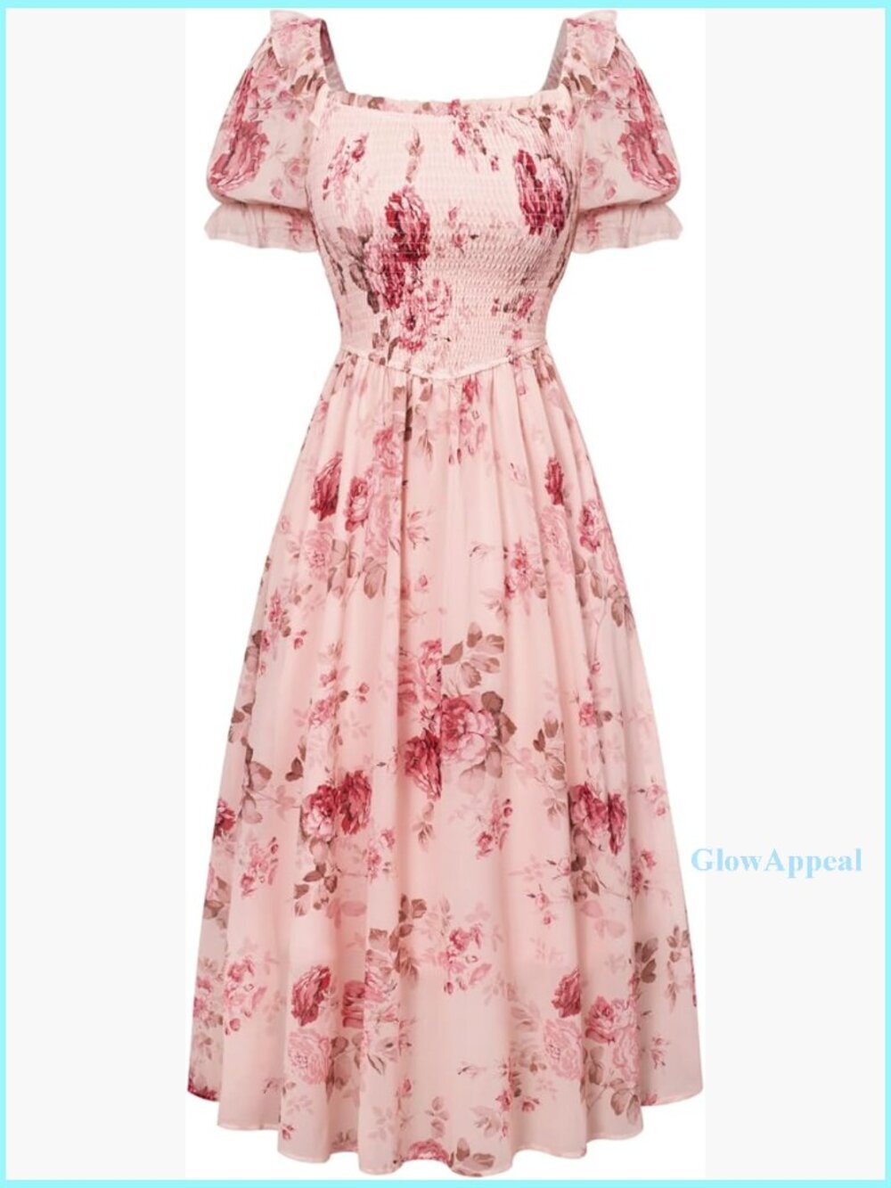 Floral Puff Sleeve Square Neck A-Line Midi Dress Wedding Guest Summer
